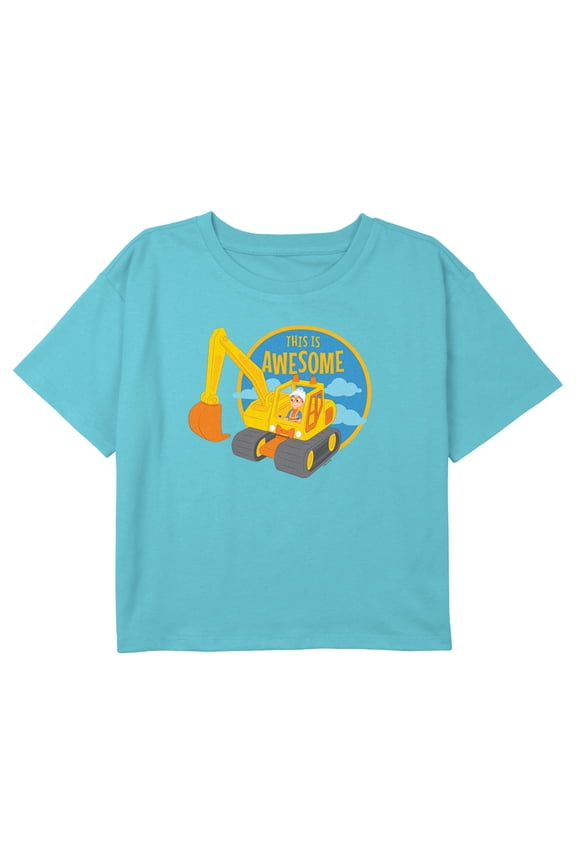 Girl's Blippi This is Awesome Construction Digger Graphic Cropped T-Shirt Blue Medium