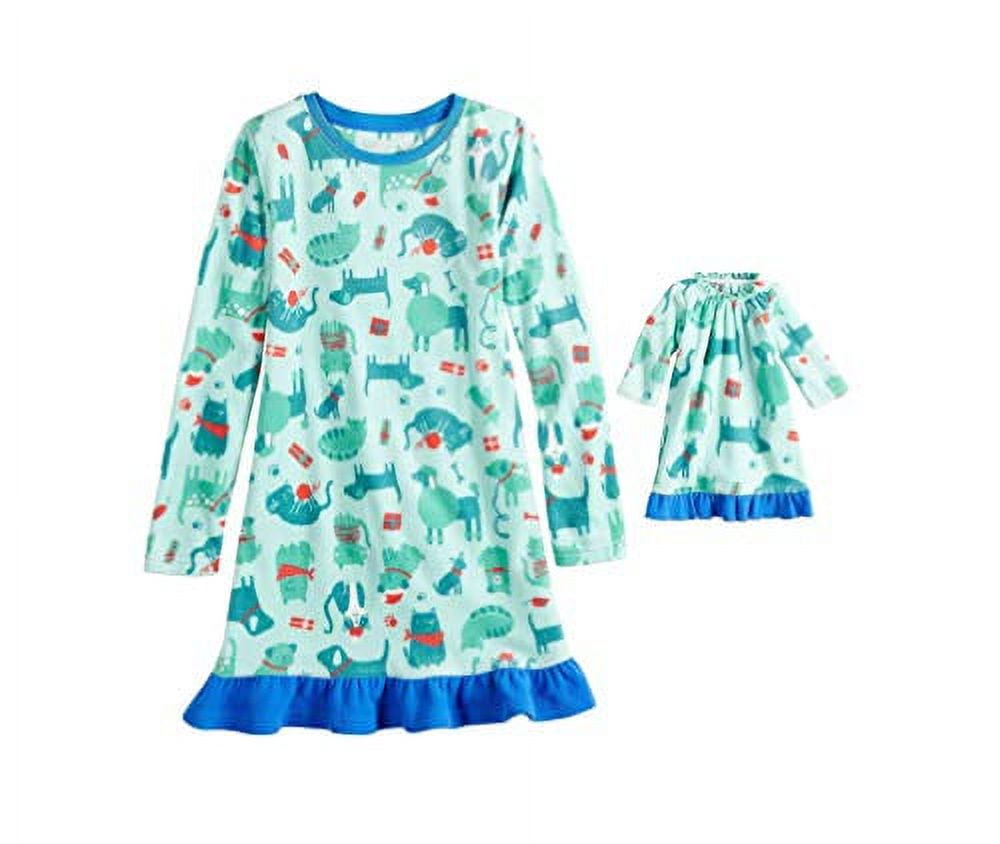 JAMMIES FOR YOUR FAMILIES Girl's Blue Christmas Santa Dogs, Cats Fleece Nightgown with Doll Gown, Size 3T