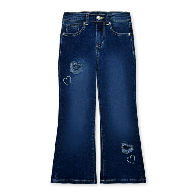 Girl's Boot Cut Flare Denim Jeans with Frayed Hearts Designs