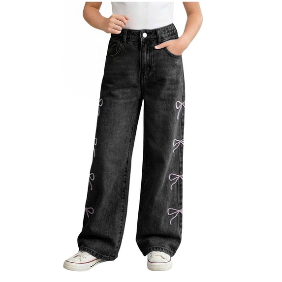 Girl's Bow Embroidered Baggy Jeans Elastic Wide Leg Denim Pants Wide Leg Jeans with Elastic Waist