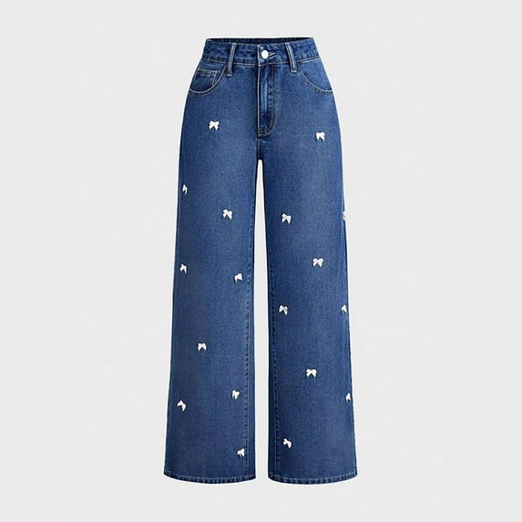 Girl's Bow Embroidered Wide Leg Baggy Jeans Elastic High Waist Denim Pants Dark Blue Xs