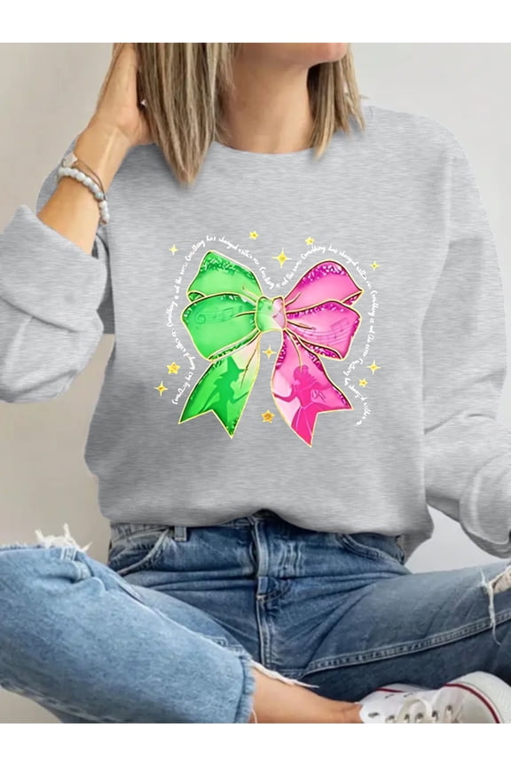 Girl's Bow Graphic Print Preppy Cute Sweatshirts Round Neck Long Sleeve Drop Shoulder Pullovers