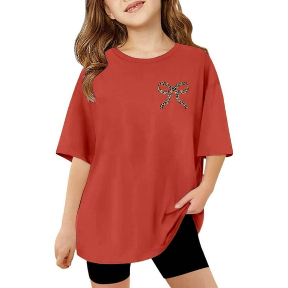 Girl's Bow Leopard Graphic Tees Short Sleeve Preppy Summer T Shirt Baggy Tops