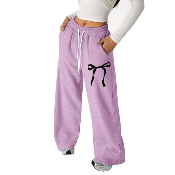 Girl's Bowknot Baggy Sweatpants Lightweight Straight Leg Athletic Pants with Pockets Elastic Waist Drawstring Jogger Pants,Color:Purple,Size:11-12 Years
