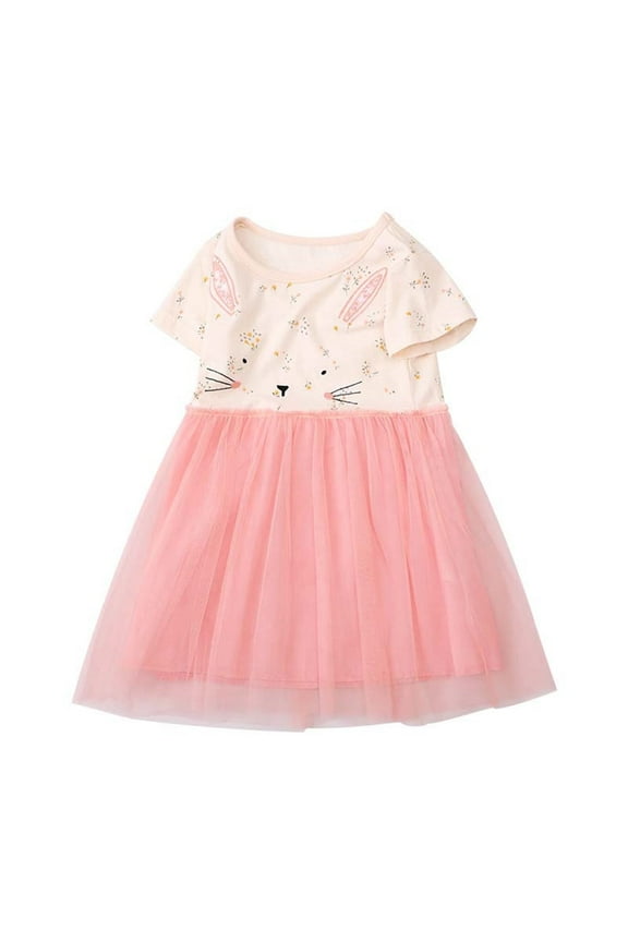 Girl's Bunny Lace Dress Summer Dresses Short Sleeve Tiered Swing Midi Casual Sundress,Size 3 Years