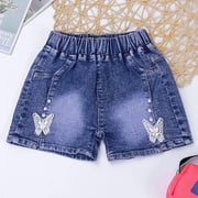Girls Butterfly Print Denim Shorts Y2k Distressed Elastic Waist Jeans