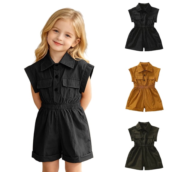 Girl's Button Down Pocket Romper Short Collared Neck Short Sleeve Shirt Jumpsuit 4-5 Years
