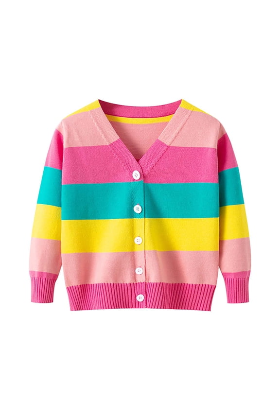 Girl's Button Down Sweater Cardigan Rainbow Color Block V Neck Knitted Cardigans Fall Winter Lightweight Cute Knitting Outerwear Coat