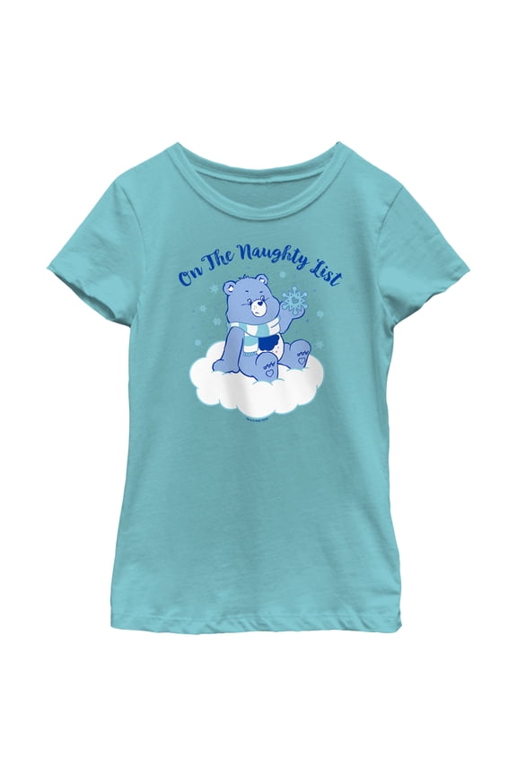 Girl's Care Bears Christmas Grumpy Bear On the Naughty List Graphic Tee Tahiti Blue Medium