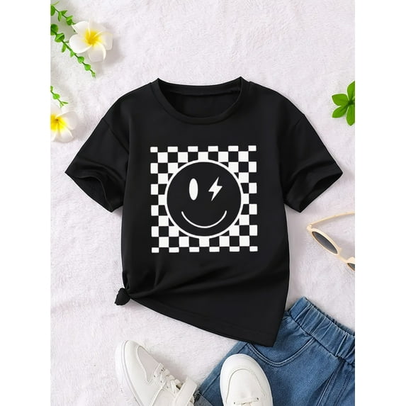 Girl's Cartoon Wink Face Checkerboard Pattern T-shirt, Casual Short Sleeve Tee Shirt, Girl's Tops For Summer