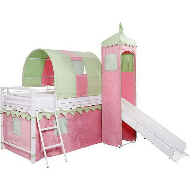 Girl's Castle Tent Twin Metal Loft Bed with Slide & Under Bed Storage, White