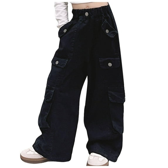 Girl's Casual Elastic Waist Cargo Pants Multi Pockets Lightweight Cotton Solid Color Streetwear School Teens 3-14 Years