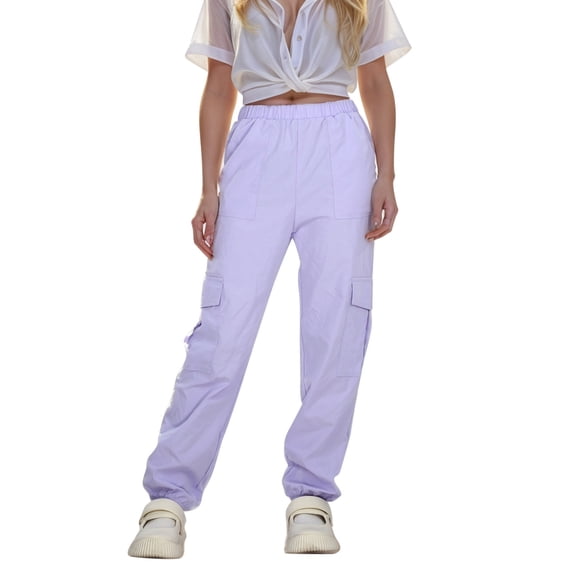 Girl's Casual Elastic Waist Cargo Pants Multi Pockets Lightweight Cotton Straight Trousers Basketball Youth 8-14Y