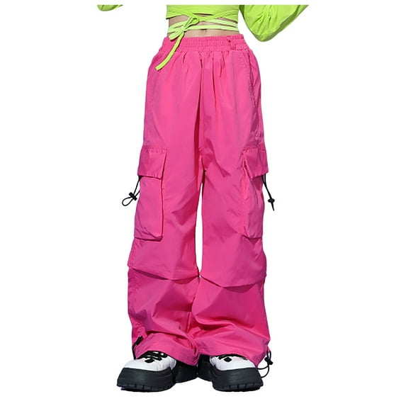 Girl's Casual Elastic Waist Cargo Pants Multi Pockets Lightweight Cotton Teens Trousers School Teens 3-14 Years