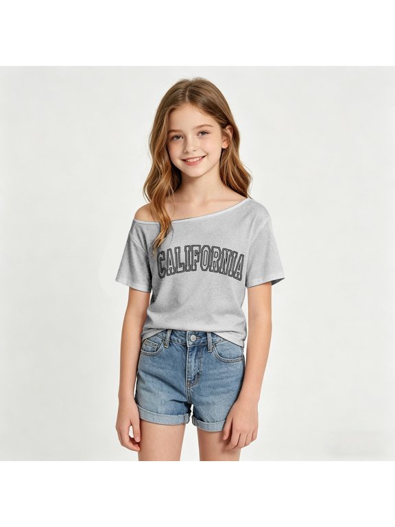 Girl's Casual Short Sleeve One Off Shoulder T-Shirt Name of Cities Printed Tees (Grey)