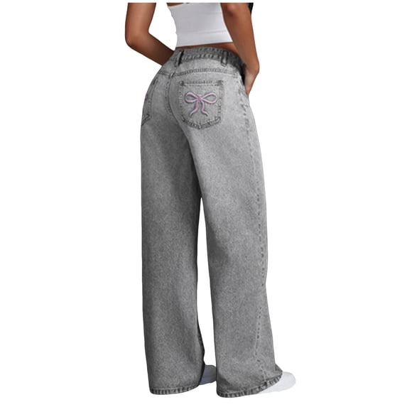 Girl's Casual Wide Leg Jeans - Cute Bow Print Denim Pants with High Waist & Pockets 8-13 Years