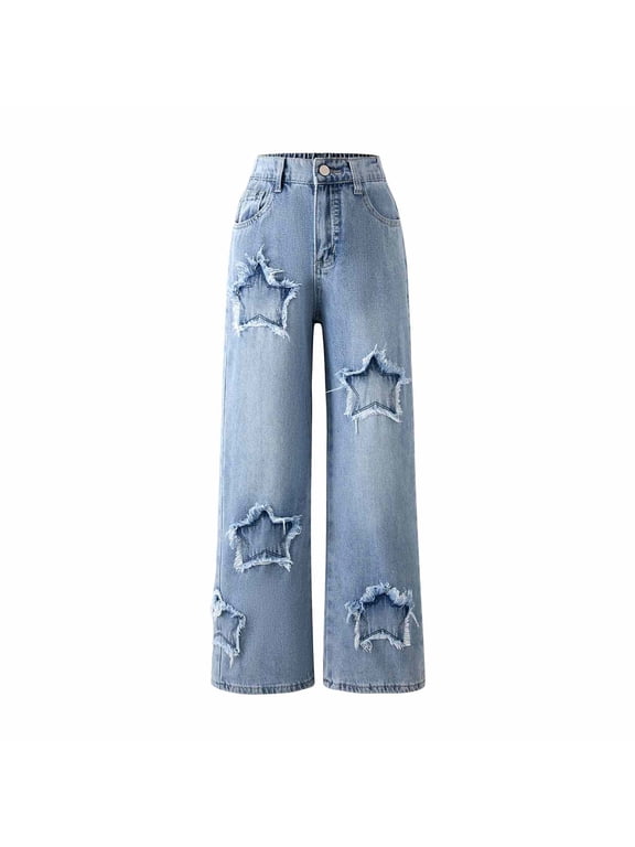 Girl's Checkered Straight Leg Baggy Jeans Elastic High Waist Denim Pants Girl's Graphic Baggy Jeans Wide Leg Jeans Plus Size