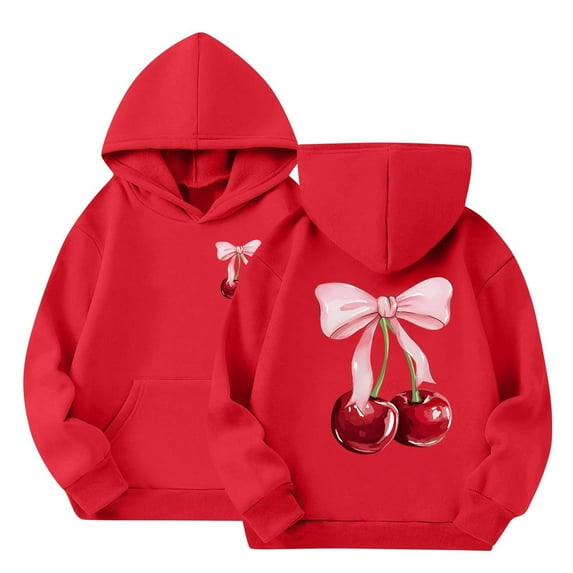 Girl's Cherry Graphic Hoodie Long Sleeve Hooded Sweatshirt Cute Pullovers Tops Kids Boys Bow Cherry 𝗣reppy Oversized Sweaters