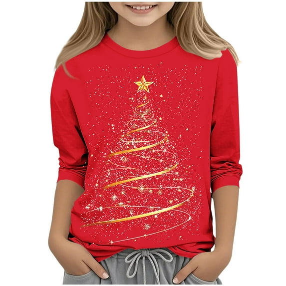 Girl's Christmas T-Shirts Xmas Tree Printed 3/4 Sleeve Crew Neck Graphic Tee Tshirts Holiday Festive Tops, Green 3-4 Years