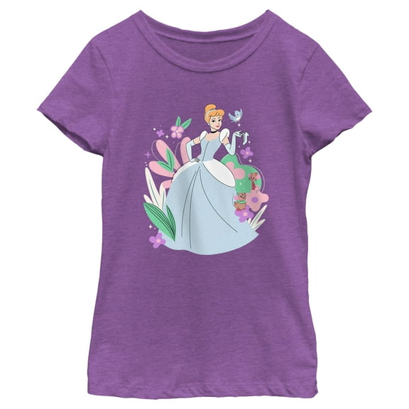 Girl's Cinderella Floral Princess and Friends  Graphic Tee Purple Berry Medium