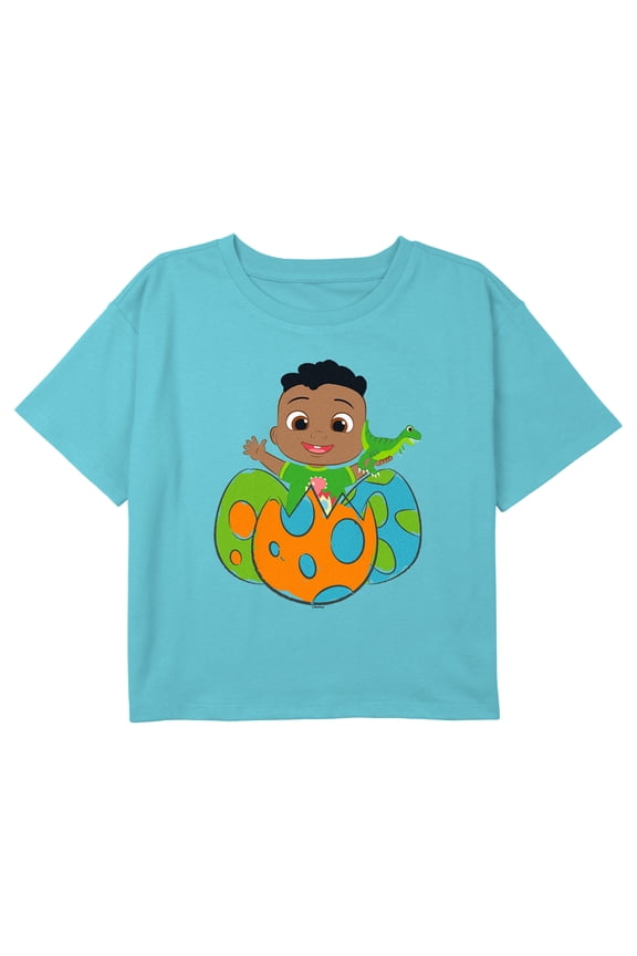 Girl's CoComelon Cody and Dinosaur Eggs Graphic Cropped T-Shirt Blue Large