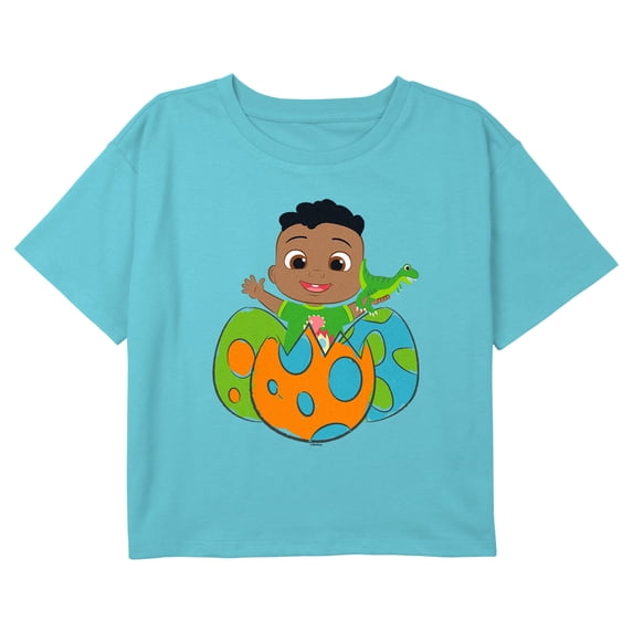 Girl's CoComelon Cody and Dinosaur Eggs Graphic Cropped T-Shirt Blue Medium