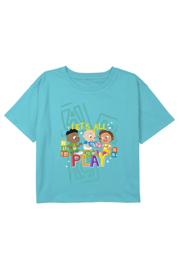 Girl's CoComelon JJ and Friends Let's All Play Graphic Cropped T-Shirt Blue Large