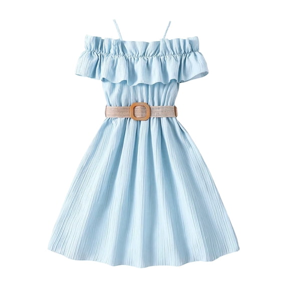 Girl's Cold Shoulder Ruffle Trim Short Sleeve Dresses Belted Flared A Line Dress Casual Summer Vacation Outfits with Belt Light Blue 100