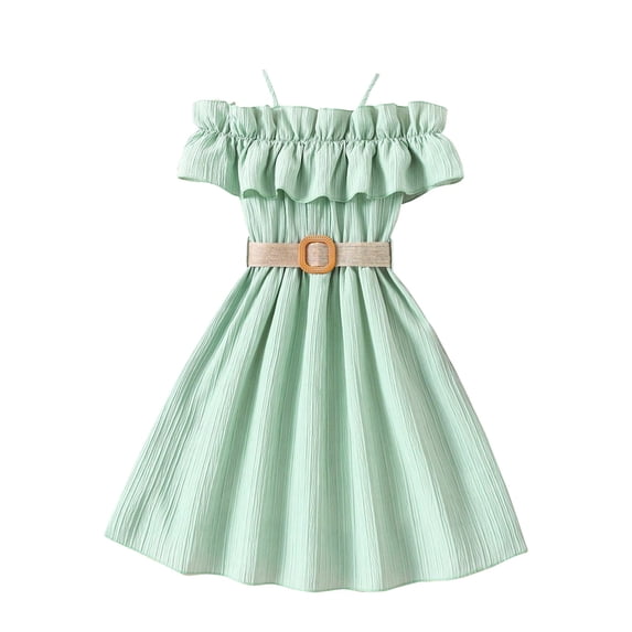 Girl's Cold Shoulder Ruffle Trim Short Sleeve Dresses Belted Flared A Line Dress Casual Summer Vacation Outfits with Belt Mint Green 100