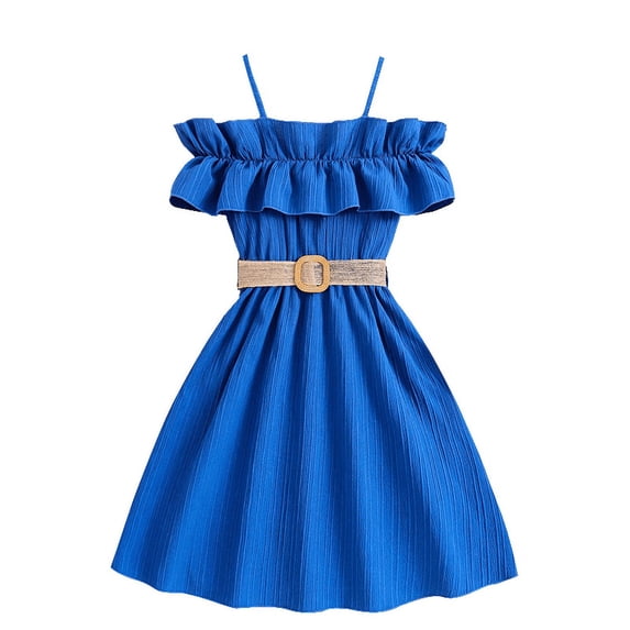 Girl's Cold Shoulder Ruffle Trim Short Sleeve Dresses Belted Flared A Line Dress Casual Summer Vacation Outfits with Belt Royal Blue 80