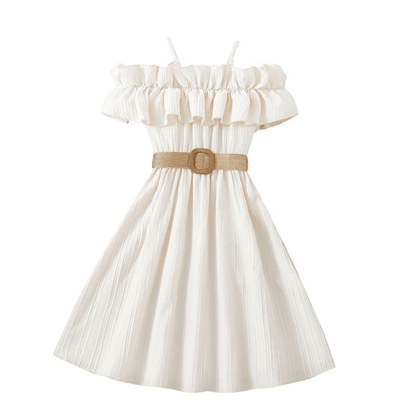 Girl's Cold Shoulder Ruffle Trim Short Sleeve Dresses Belted Flared A Line Dress Casual Summer Vacation Outfits with Belt White 110