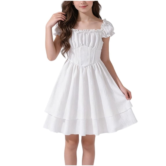 Girl's Cold Shoulder /Sleeveless /Short Sleeve Flounce Trim Elegant A-Line Casual Formal Dress for 8-13T Kids