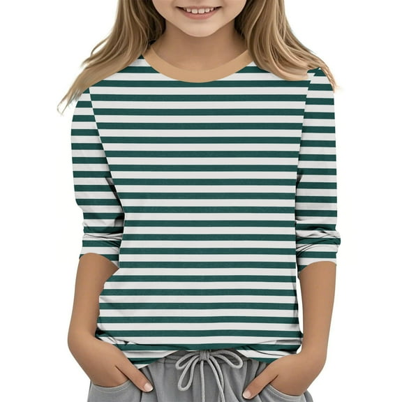Girl's Color Block 3/4 Sleeve Tops Trendy Striped Graphic Tee Shirts Pullover Casual Loose Fit Crewneck Cute Blouse