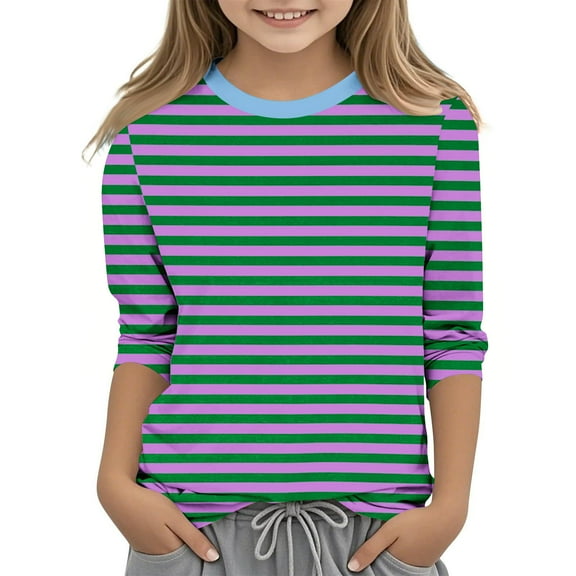 Girl's Color Block 3/4 Sleeve Tops Trendy Striped Graphic Tee Shirts Pullover Casual Loose Fit Crewneck Cute Blouse