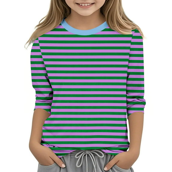 Girl's Color Block 3/4 Sleeve Tops Trendy Striped Graphic Tee Shirts Pullover Casual Loose Fit Crewneck Cute Blouse