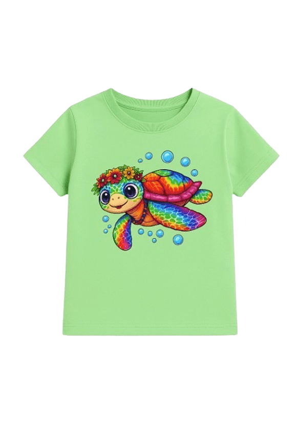 Girl's Colorful Sea Turtle Character Graphic Short-Sleeve Crew Neck T-Shirt (4Y)