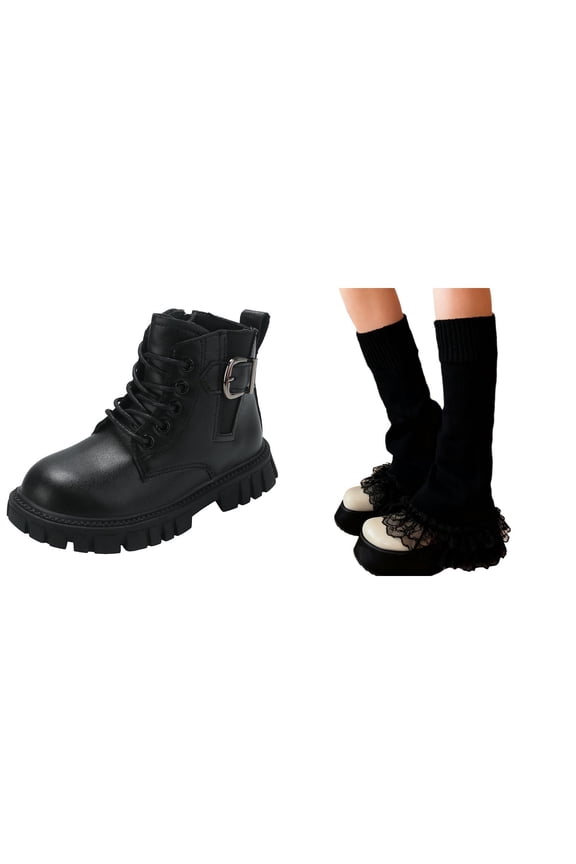 Girl's Combat Boots Ankle High Short Boot Sdie Zipped PU Leather Booties with Free Cotton Knited Y2K Lace Bell Bottom Leg Warmer (Black Boots + Black Leg Warmers - Boots Size:33)