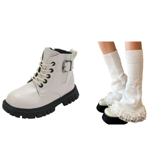 Girl's Combat Boots Ankle High Short Boot Sdie Zipped PU Leather Booties with Free Cotton Knited Y2K Lace Bell Bottom Leg Warmer (White Boots   White Leg Warmers - Boots Size:35)