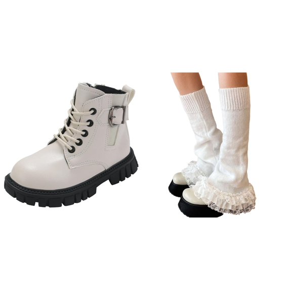 Girl's Combat Boots Ankle High Short Boot Sdie Zipped PU Leather Booties with Free Cotton Knited Y2K Lace Bell Bottom Leg Warmer (White Boots + White Leg Warmers - Boots Size:36)