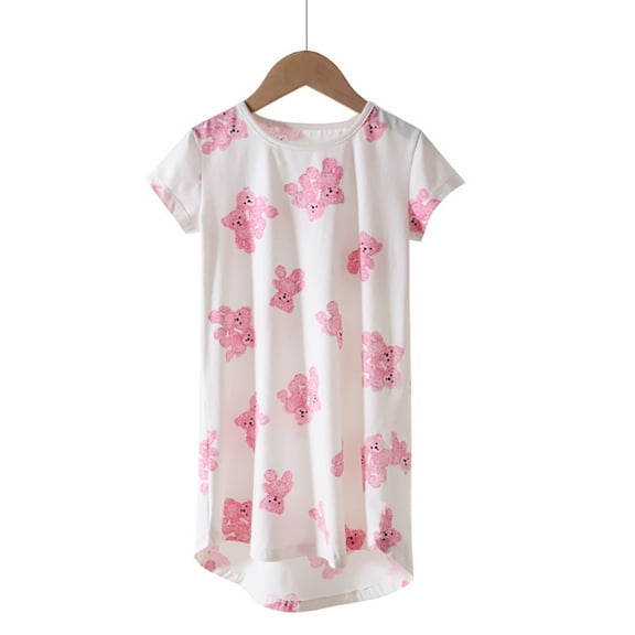 Girls Nightgowns Toddler Summer Cute Cartoon Short Sleeve Sleep Dress for Kids 3-14 Years