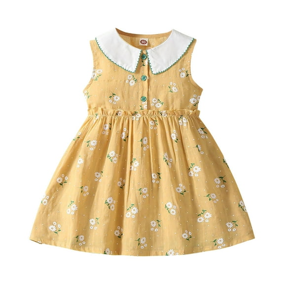 Girl's Cotton Summer Dress, Floral Print Sleeveless a Line Casual Dresses, Kids Cute Princess Sundress Kids Semi Formal Dress Yellow 90