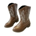 thumbnail image 1 of Girl's Cowboy Boots Trendy Embroidery Leather Zip up Mid Calf Western Cowgirl Booties Round Toe Chunky Heel Fall Winter Boots Brown 3 Big Kids, 1 of 6