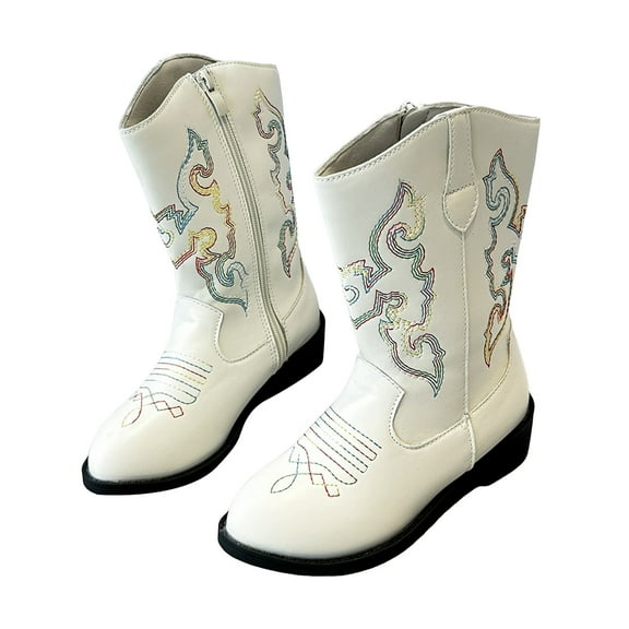 Girl's Cowboy Boots Trendy Embroidery Leather Zip up Mid Calf Western Cowgirl Booties Round Toe Chunky Heel Fall Winter Boots White 13 Little Kids