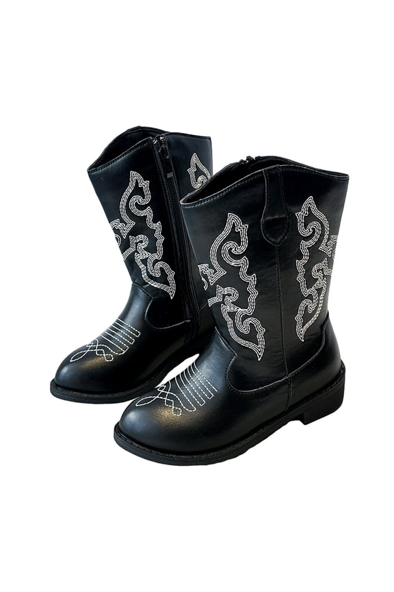 Girl's Cowboy Boots Trendy Embroidery Leather Zip up Mid Calf Western Cowgirl Booties Round Toe Chunky Heel Fall Winter Boots Black 2 Big Kids