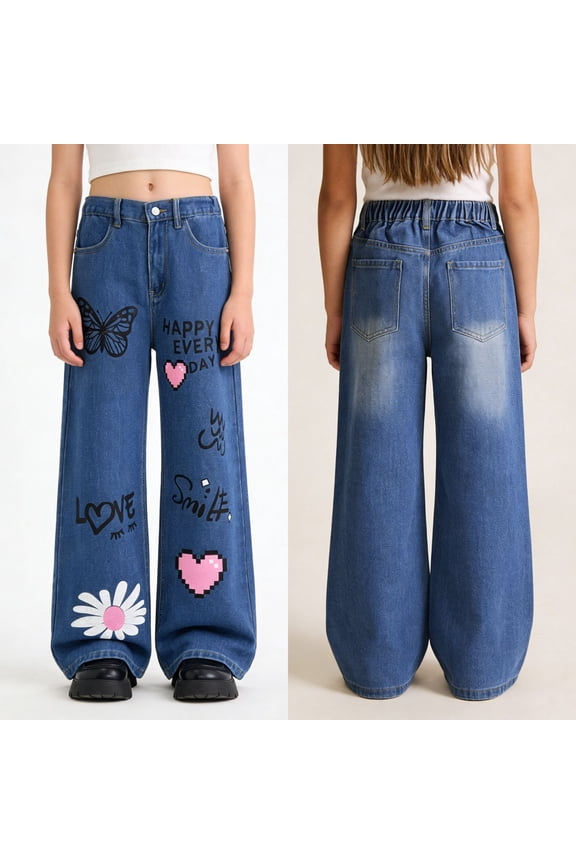 Girl's Cowgirl Jeans Heart Print Cute Ripped Baggy Jeans Straight Wide Leg Streetwear Denim Pants Baggy Jeans for Girls Valentines Day Gifts(Dark BlueA,10-11 Years)
