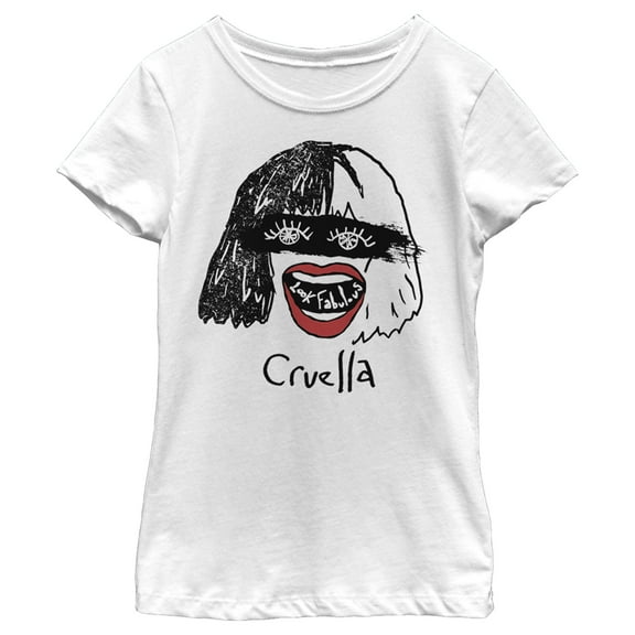 Girl's Cruella Look Fabulous Drawing  Graphic Tee White Large