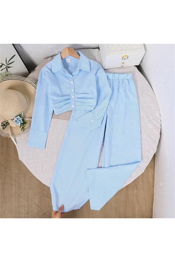 Girl's Cute 2 Piece Outfits Striped Long Sleeve Button down Shirts and Elastic Waist Pants Set New Cute Clothes Outfit for Girls Sky Blue 9-10 Years