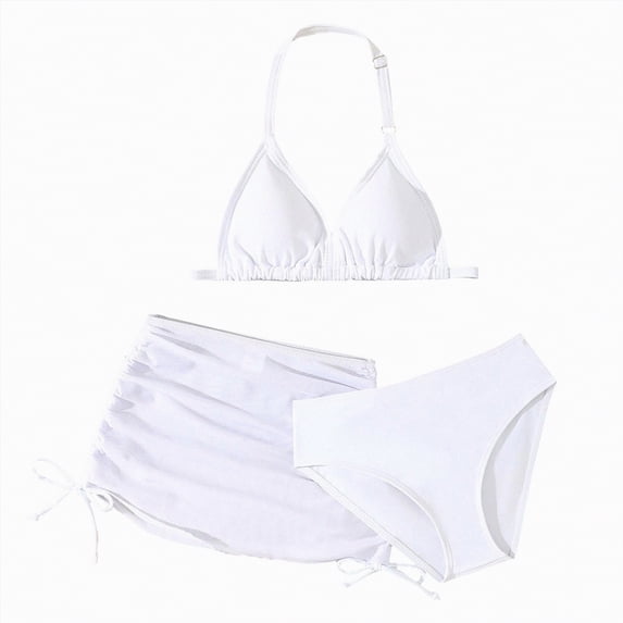 TOWED22 Girls Swimsuit Bathing Suits Bikini Set 3 Piece Girls' Swimwear Bathing Suit with Cover Up Skirt 7-16T(White,8-9 Y)