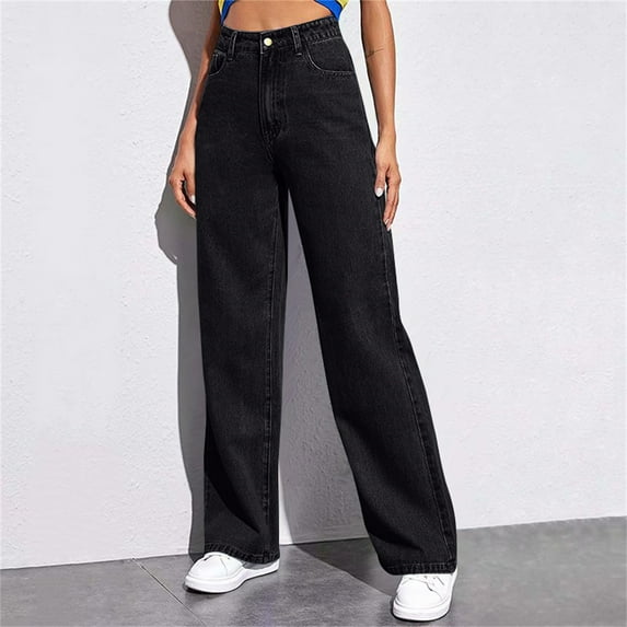 Girl's Cute Baggy Wide Leg Jeans Elastic High Waisted Denim Pants Bottoms With Pockets