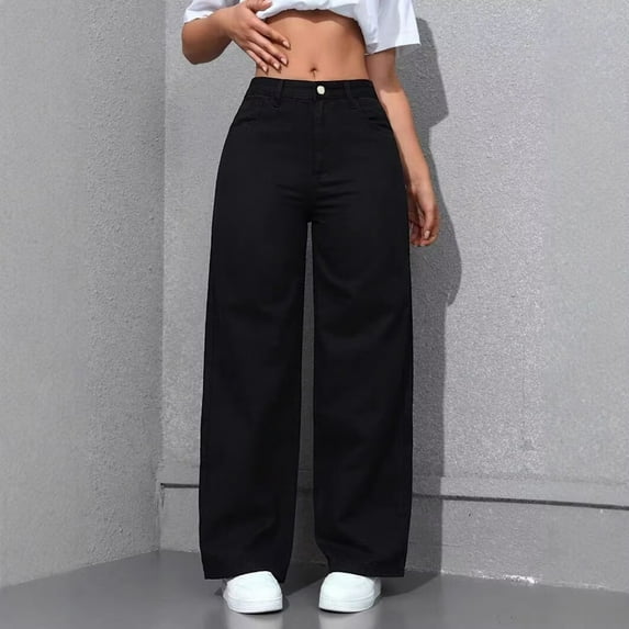 Girl's Cute Baggy Wide Leg Jeans Elastic High Waisted Denim Pants Bottoms With Pockets